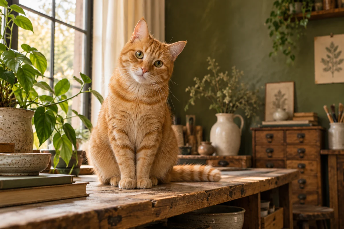 一只歪头的橘猫坐在洒满阳光的工作台上